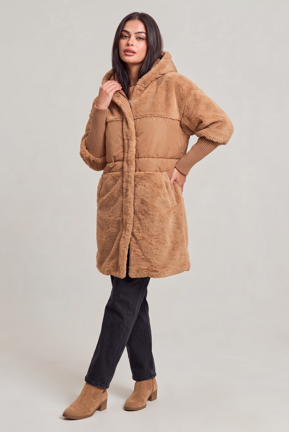 Women’s Hooded Long-Lined Panel Puffer Coat