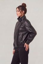 Women's Oversized Faux Leather Biker Jacket – High Neck Zip-Up Jacket