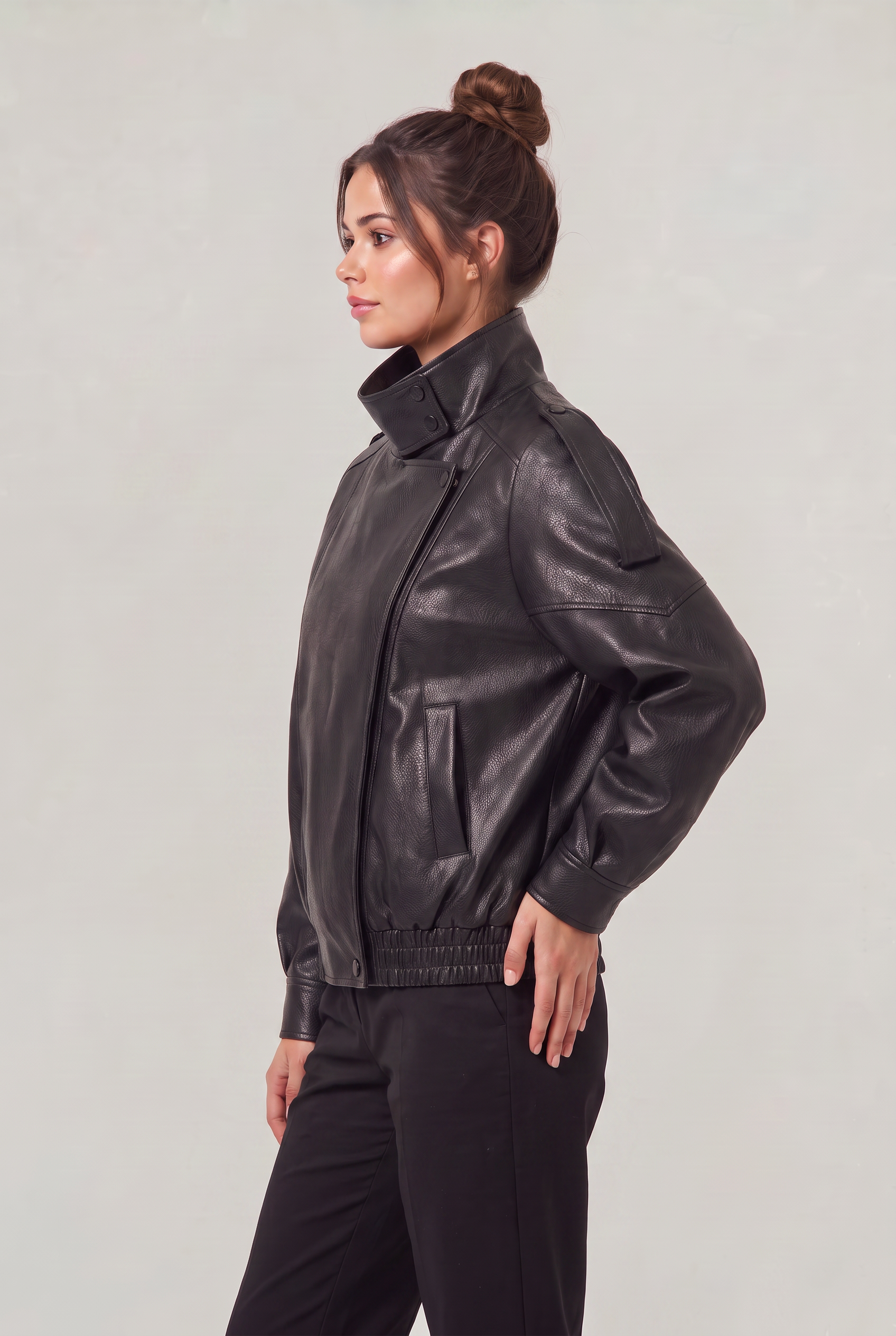 Women's Oversized Faux Leather Biker Jacket – High Neck Zip-Up Jacket