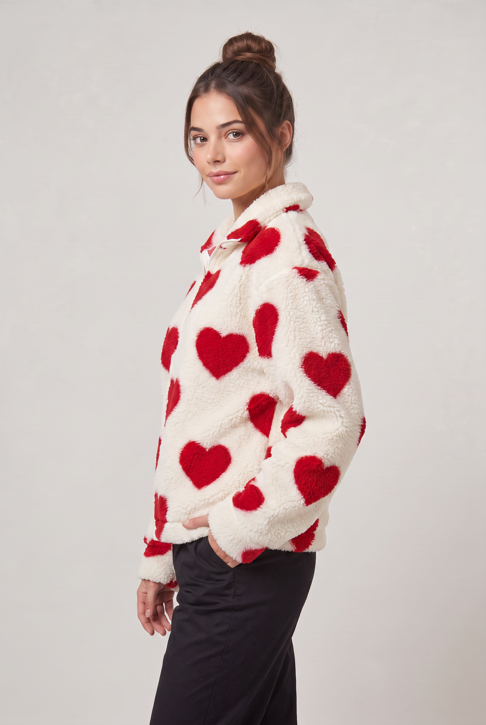 Women's Heart Print Teddy Fleece Jacket