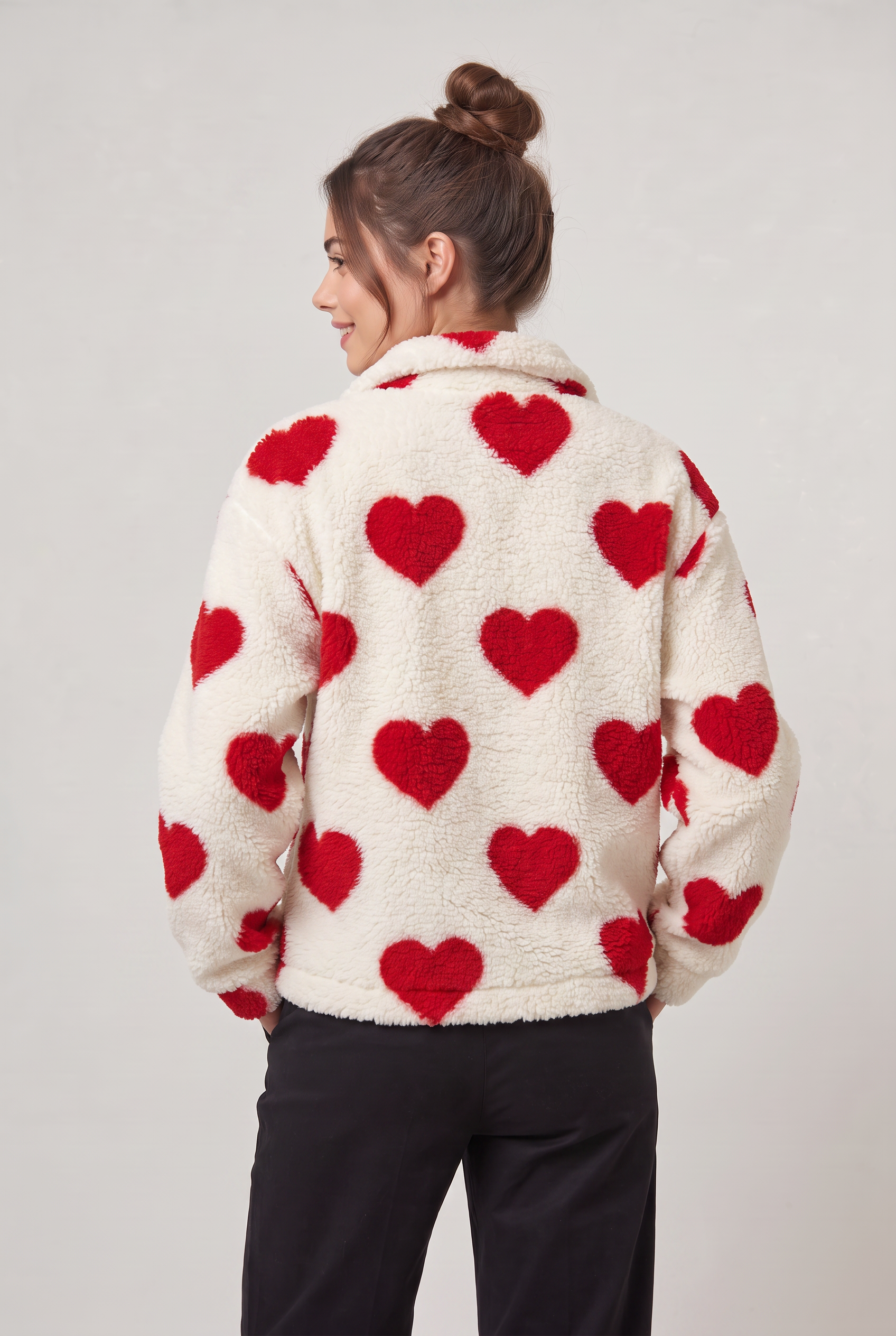 Women's Heart Print Teddy Fleece Jacket