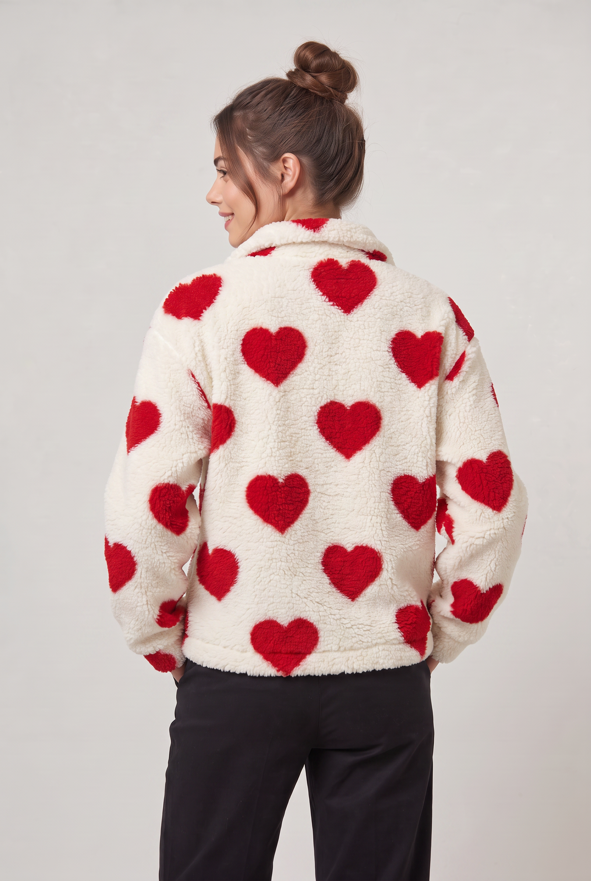 Women's Heart Print Teddy Fleece Jacket