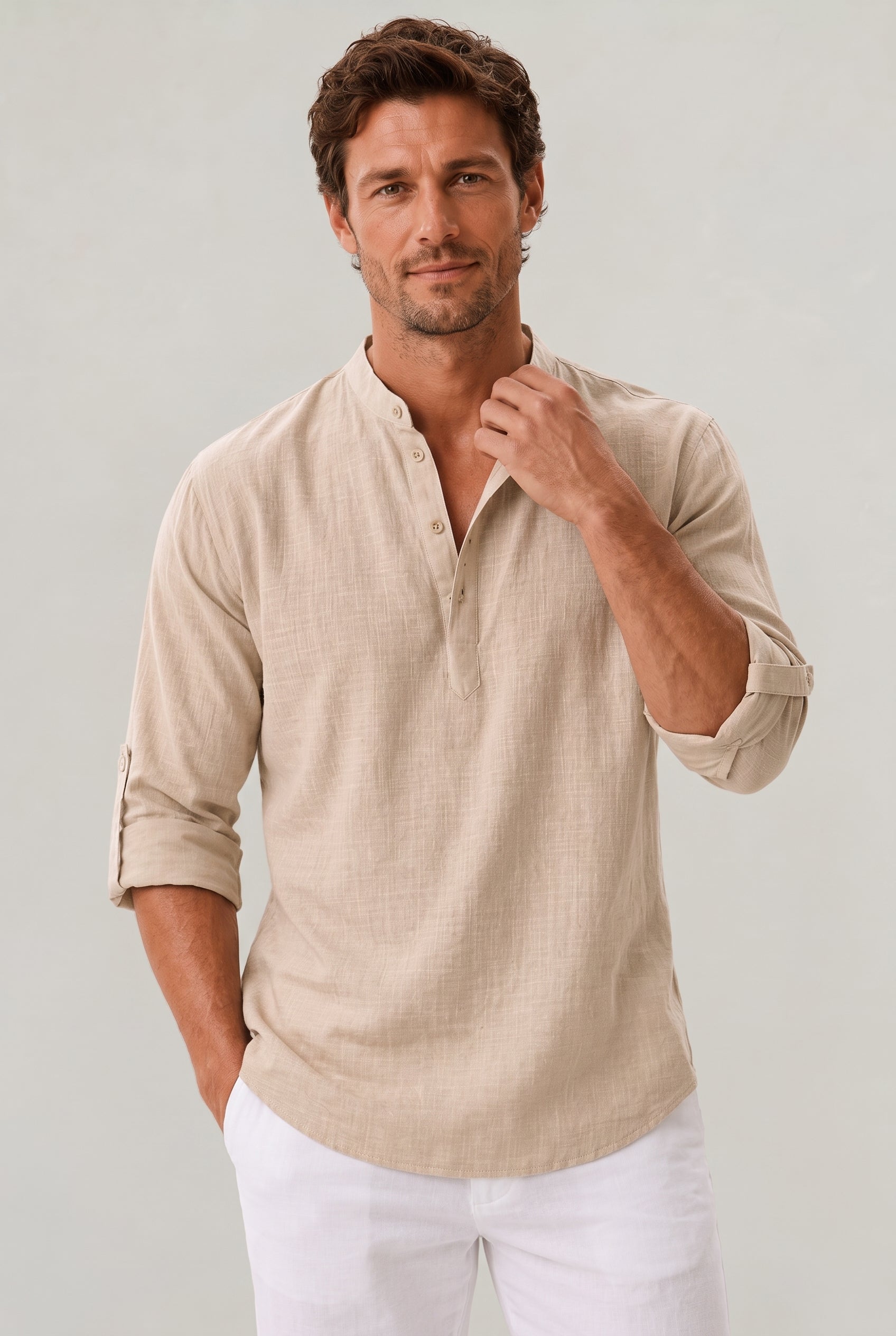 Men's Linen Henley Shirt - Grandad Collar Roll Up Sleeve Casual Summer Shirt