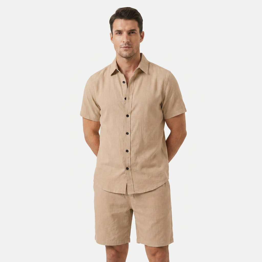 Men's Linen Buttoned Short Sleeve Shirt and Shorts Two Piece Set