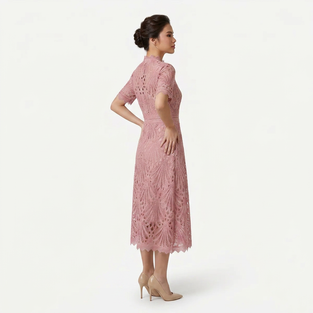 Women’s Elegant Lace Midi Dress – High Neck Silhouette with Refined Cutwork Detail