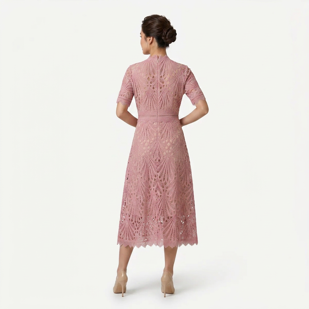 Women’s Elegant Lace Midi Dress – High Neck Silhouette with Refined Cutwork Detail