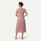 Women’s Elegant Lace Midi Dress – High Neck Silhouette with Refined Cutwork Detail