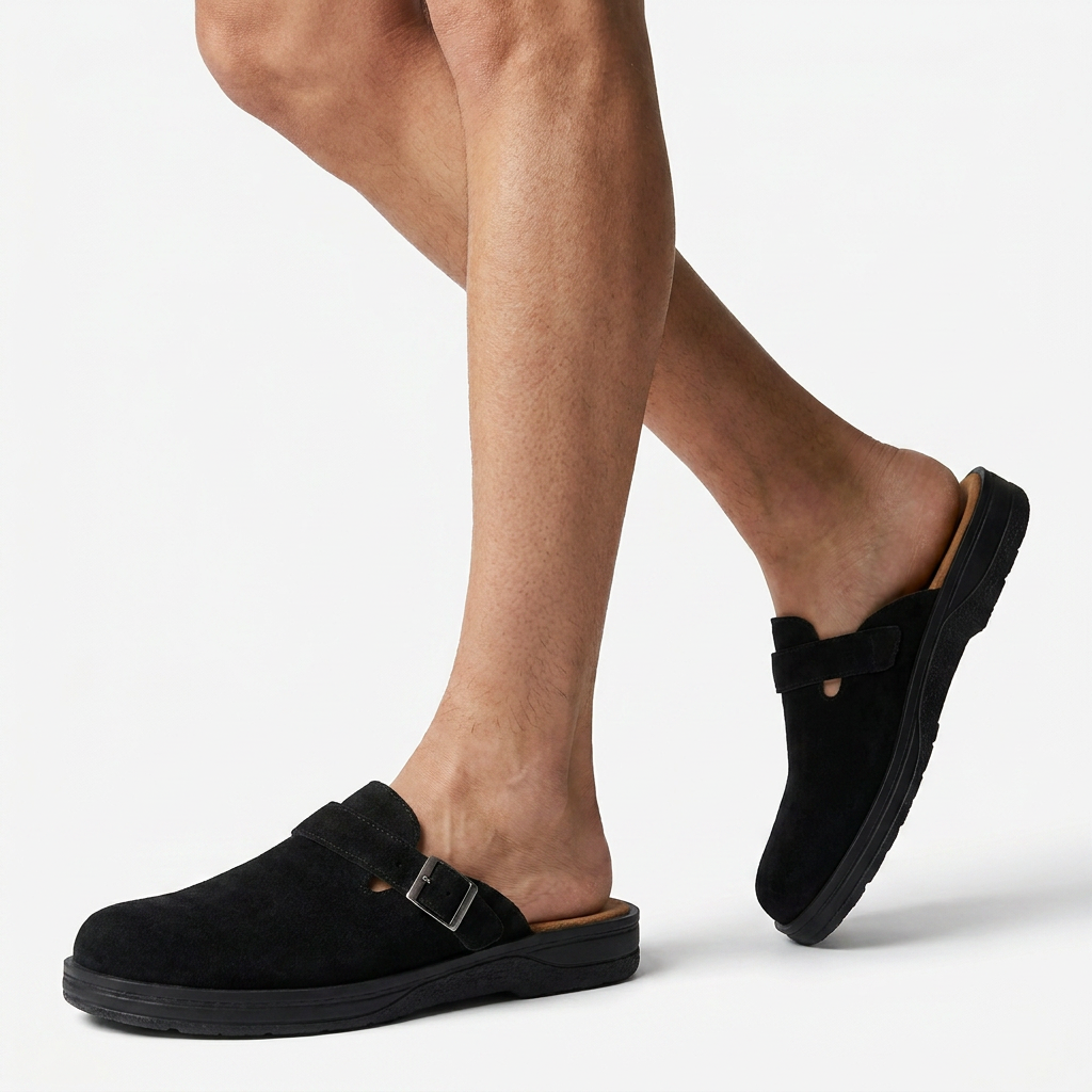Men's PU Leather Mule Clogs — Buckle Strap Slip On Casual Flat Shoes
