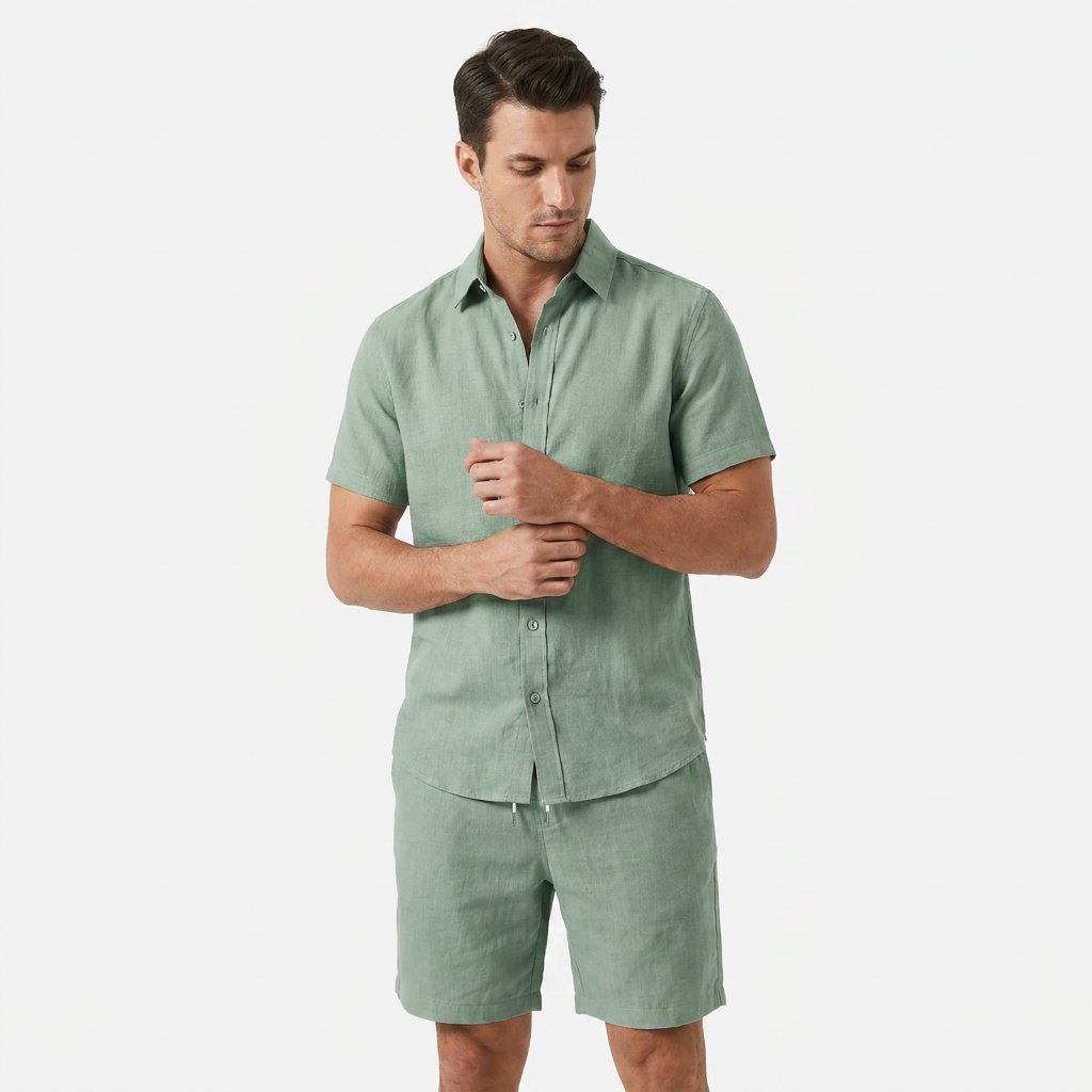 Men's Linen Buttoned Short Sleeve Shirt and Shorts Two Piece Set