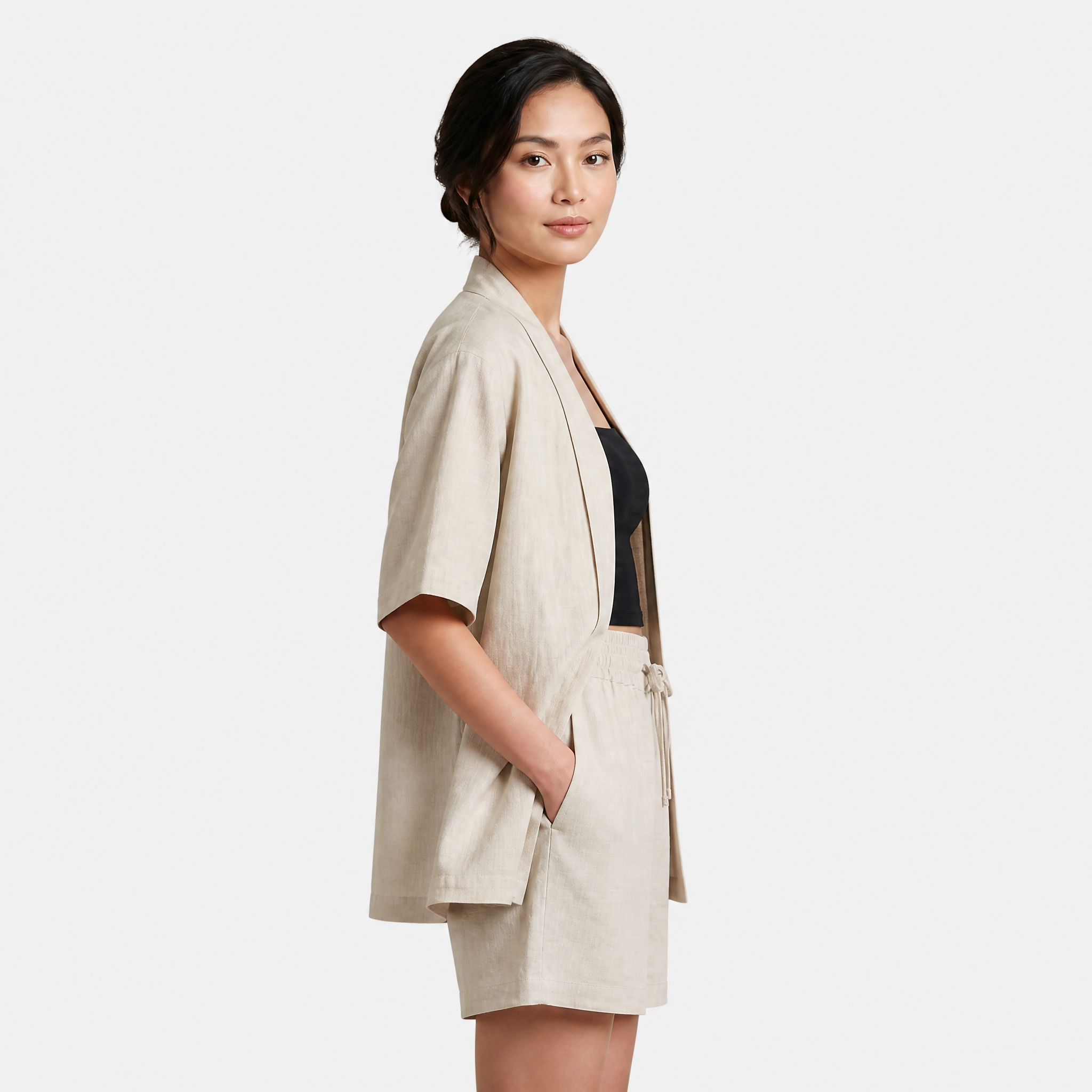 Women's Linen Cardigan and Shorts Two Piece Set