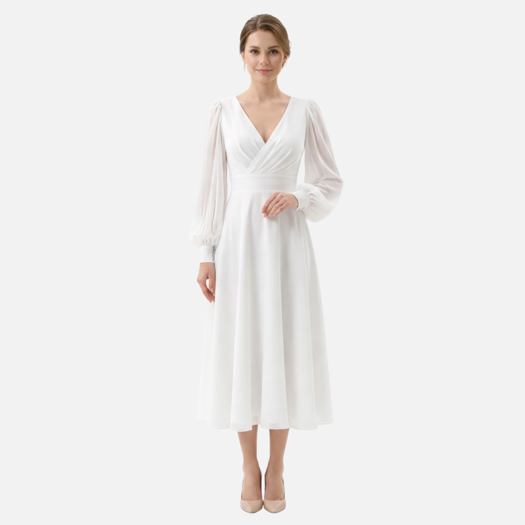 White Midi Dress Chiffon Vneck Long Sleeve Dress Evening Wrap Dress Uk Women's V Neck Chiffon Midi Dress Long Sleeve Wrap