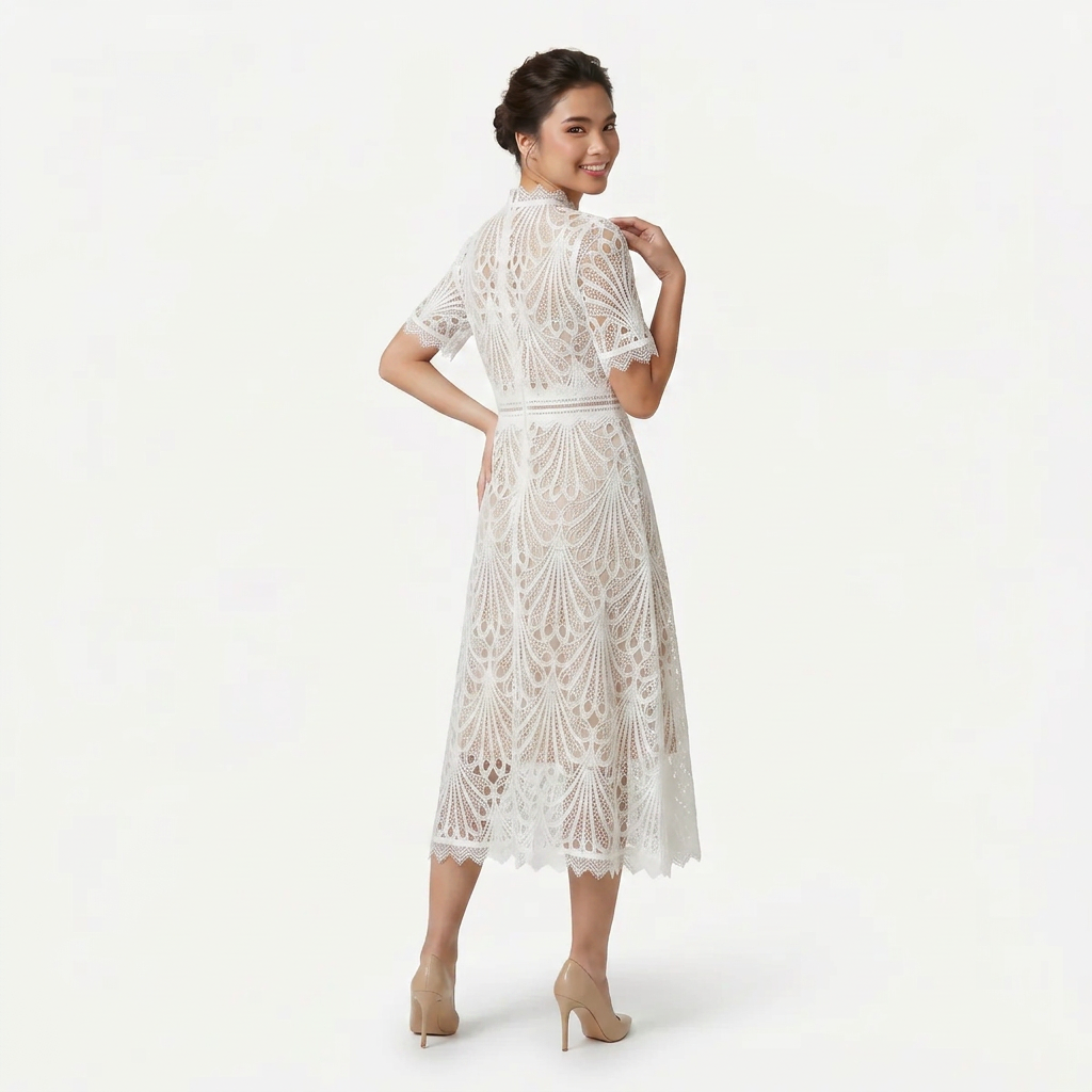 Women’s Elegant Lace Midi Dress – High Neck Silhouette with Refined Cutwork Detail