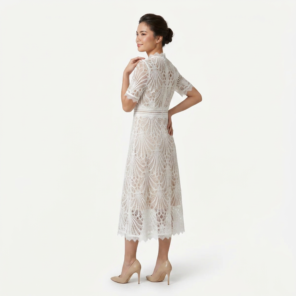 Women’s Elegant Lace Midi Dress – High Neck Silhouette with Refined Cutwork Detail