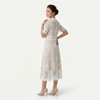 Women’s Elegant Lace Midi Dress – High Neck Silhouette with Refined Cutwork Detail