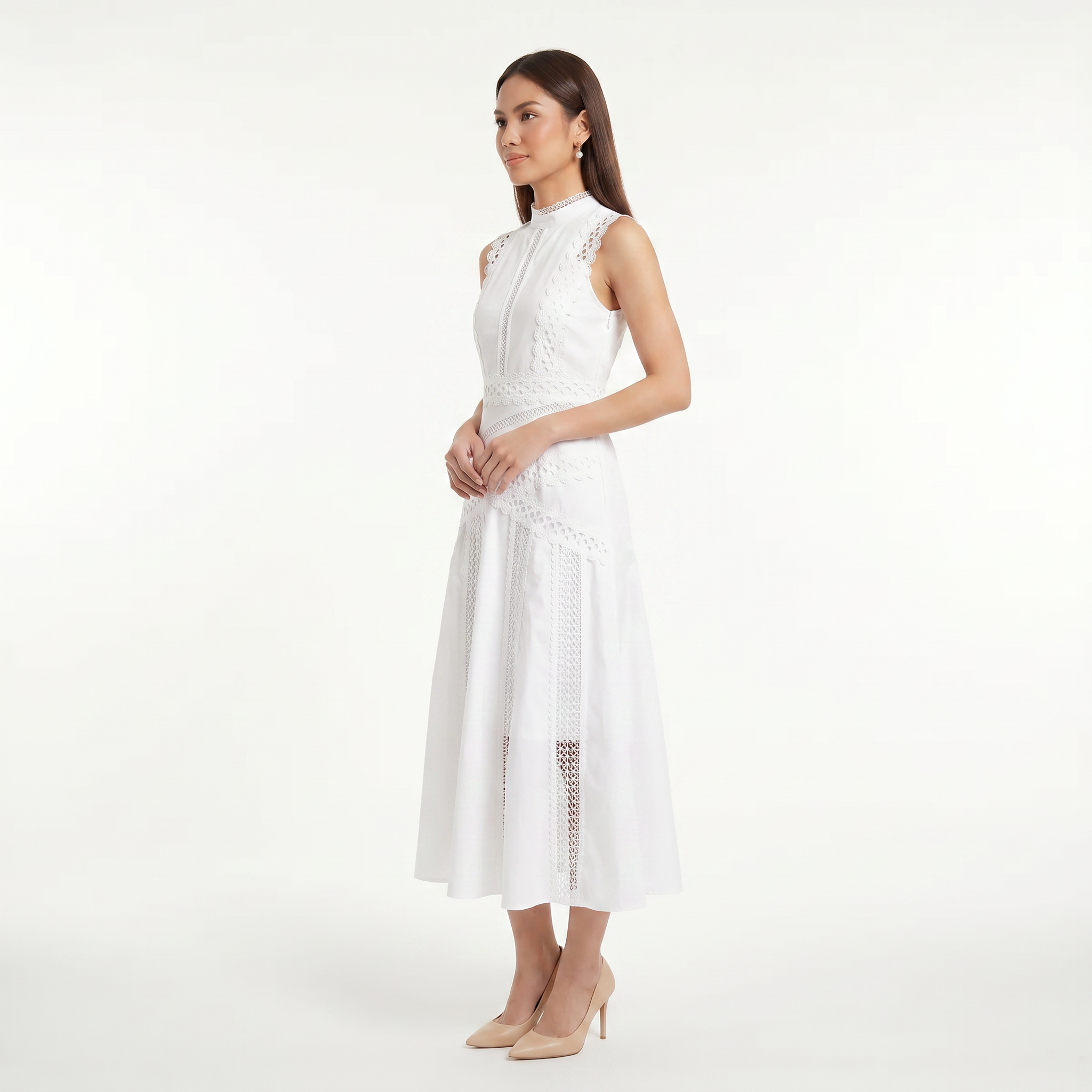 Women's Sleeveless Lace Panel Midi Dress