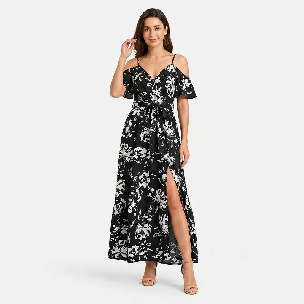 Women's Floral Off Shoulder Wrap Maxi Dress with Split