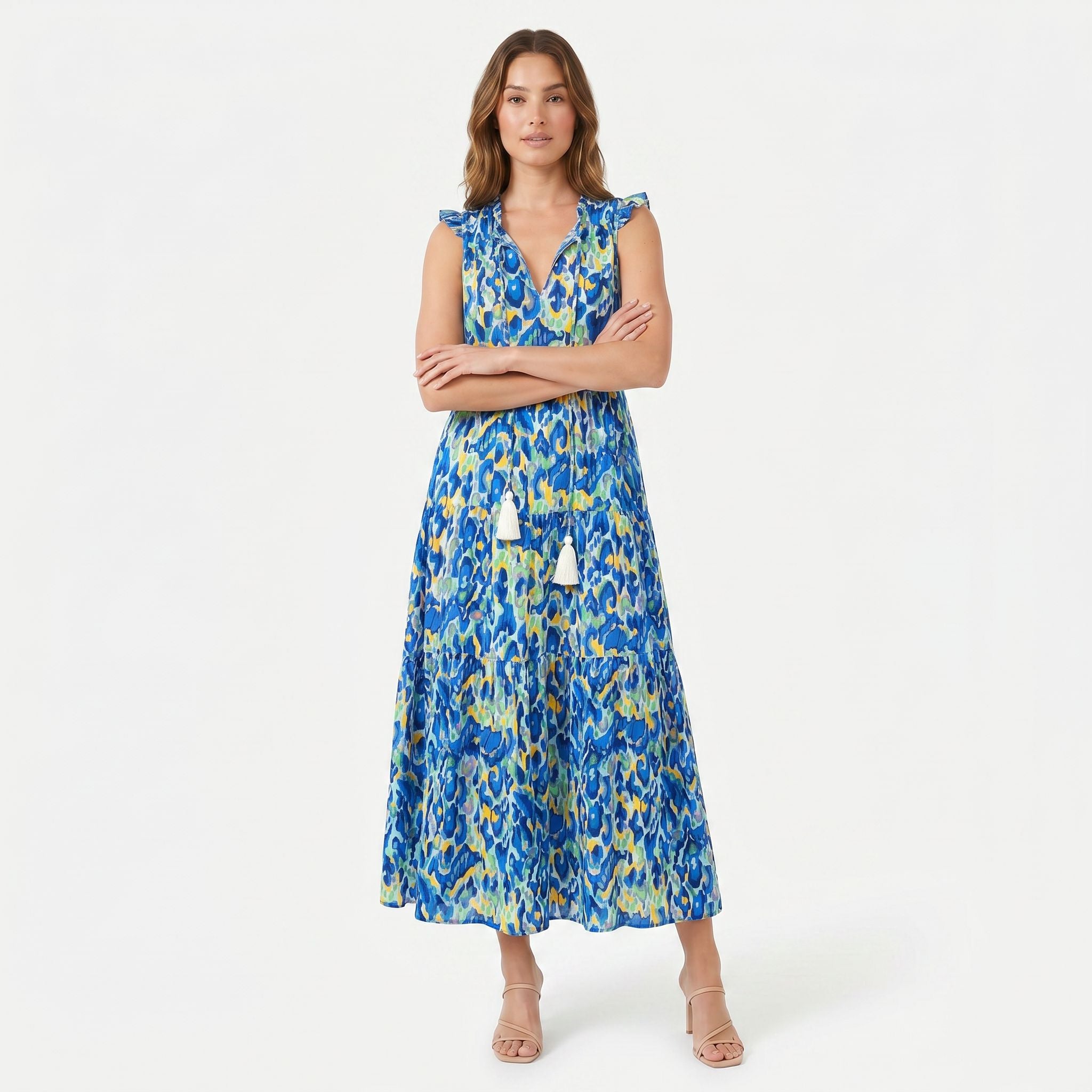 Women's Sleeveless Floral Print Tie Neck Boho Maxi Dress