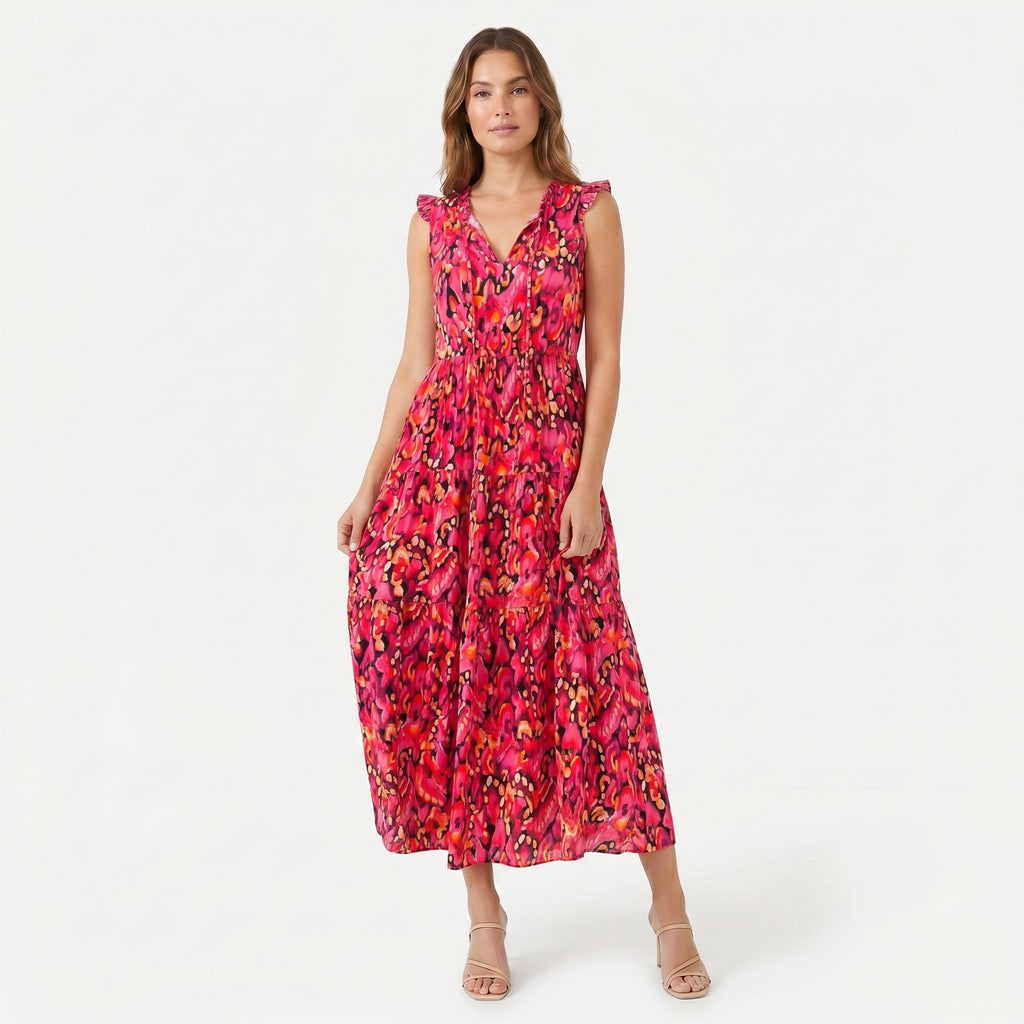 Women's Sleeveless Floral Print Tie Neck Boho Maxi Dress