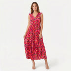 Women's Sleeveless Floral Print Tie Neck Boho Maxi Dress