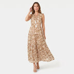Women's Sleeveless Floral Print Tie Neck Boho Maxi Dress
