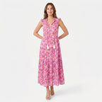 Women's Sleeveless Floral Print Tie Neck Boho Maxi Dress