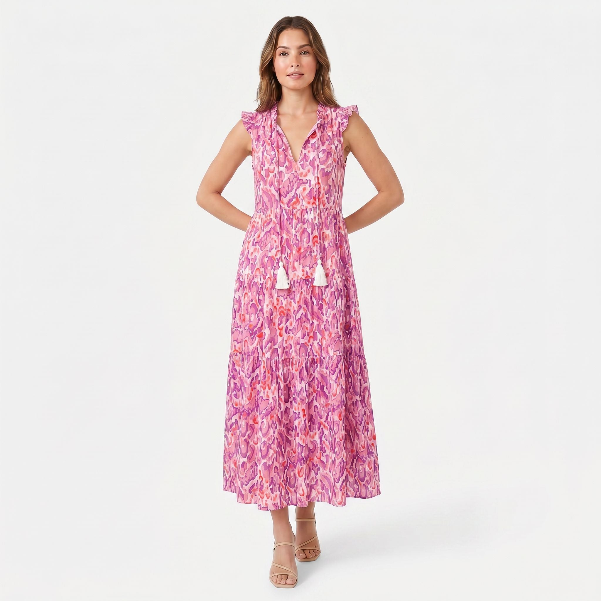Women's Sleeveless Floral Print Tie Neck Boho Maxi Dress