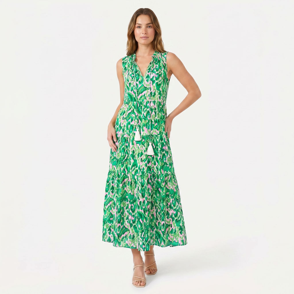 Women's Sleeveless Floral Print Tie Neck Boho Maxi Dress