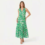 Women's Sleeveless Floral Print Tie Neck Boho Maxi Dress