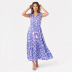 Women's Sleeveless Floral Print Tie Neck Boho Maxi Dress