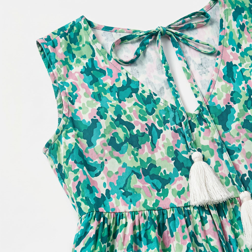 Women's Sleeveless Floral Print Tie Neck Boho Maxi Dress