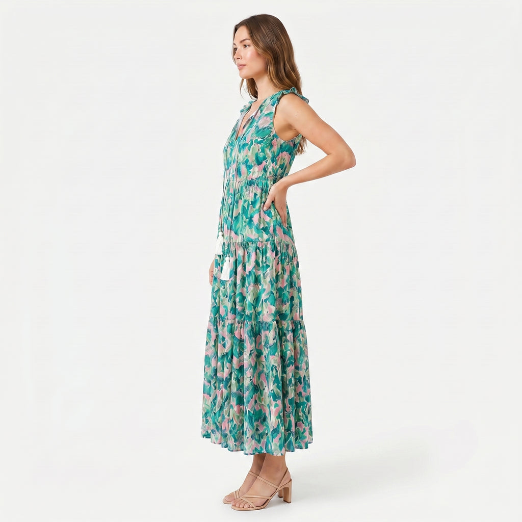 Women's Sleeveless Floral Print Tie Neck Boho Maxi Dress