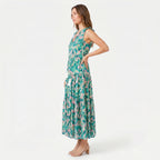 Women's Sleeveless Floral Print Tie Neck Boho Maxi Dress