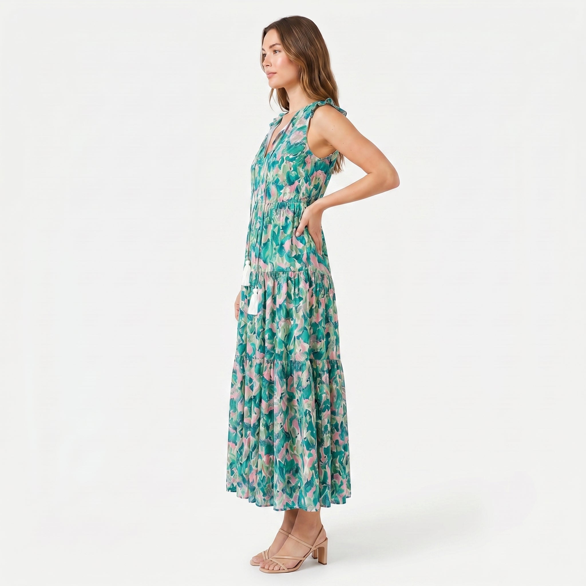 Women's Sleeveless Floral Print Tie Neck Boho Maxi Dress