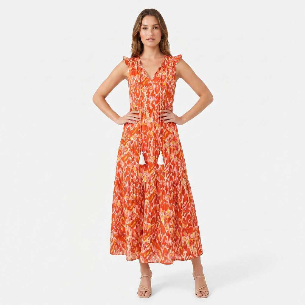 Women's Sleeveless Floral Print Tie Neck Boho Maxi Dress