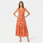 Women's Sleeveless Floral Print Tie Neck Boho Maxi Dress