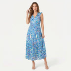 Women's Sleeveless Floral Print Tie Neck Boho Maxi Dress