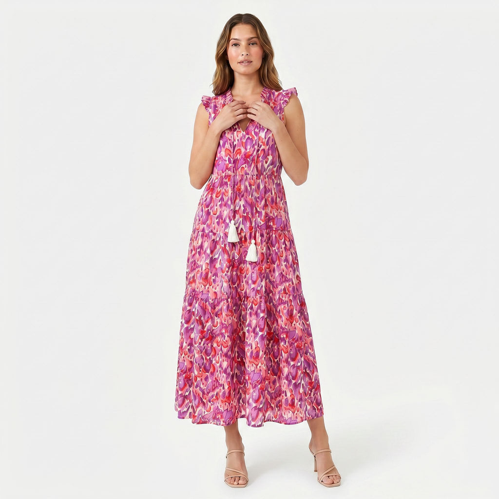Women's Sleeveless Floral Print Tie Neck Boho Maxi Dress