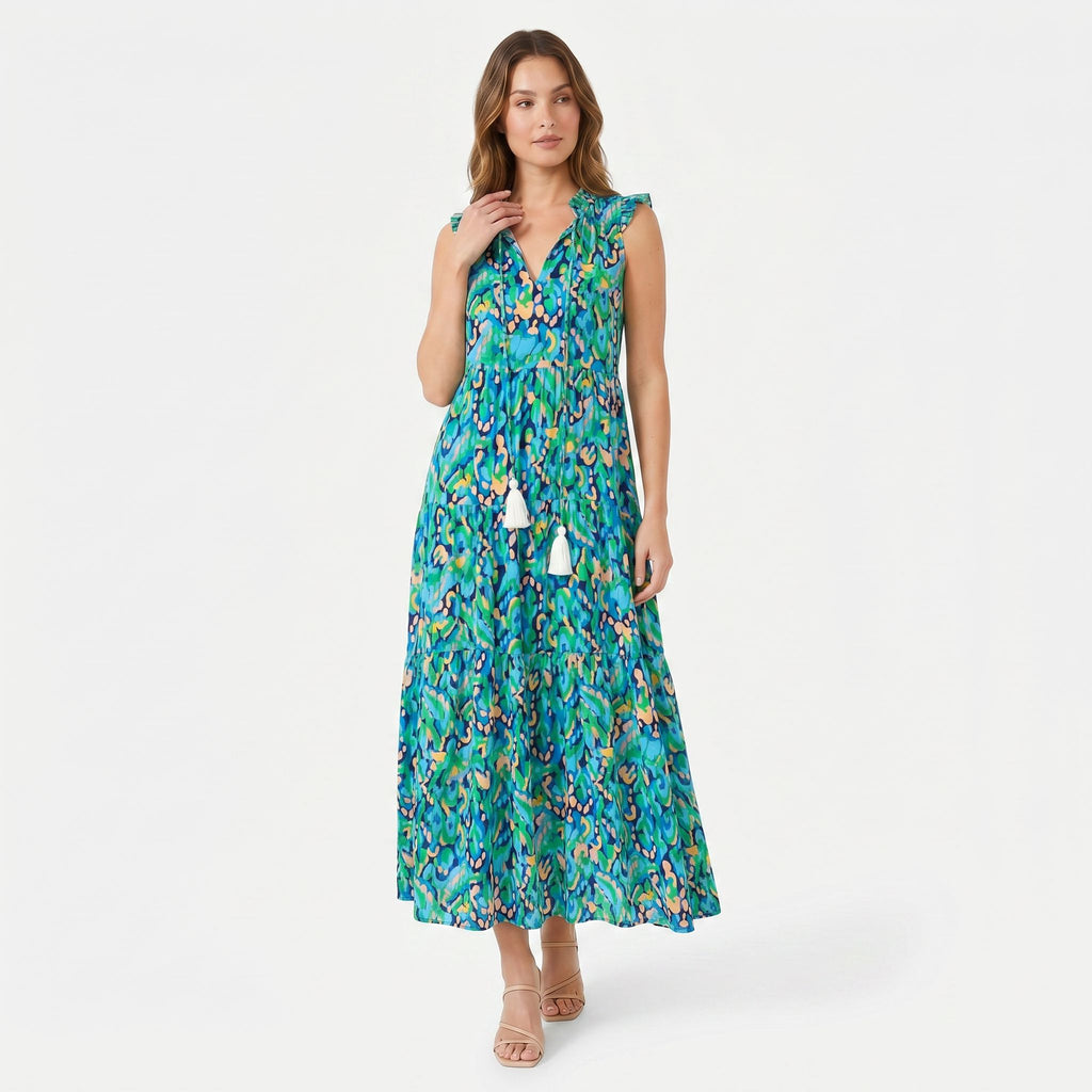 Women's Sleeveless Floral Print Tie Neck Boho Maxi Dress