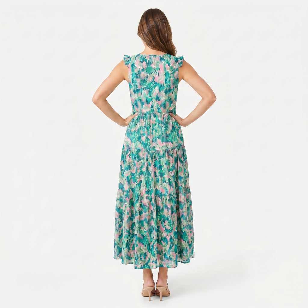 Women's Sleeveless Floral Print Tie Neck Boho Maxi Dress