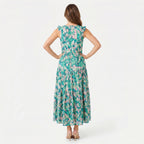 Women's Sleeveless Floral Print Tie Neck Boho Maxi Dress