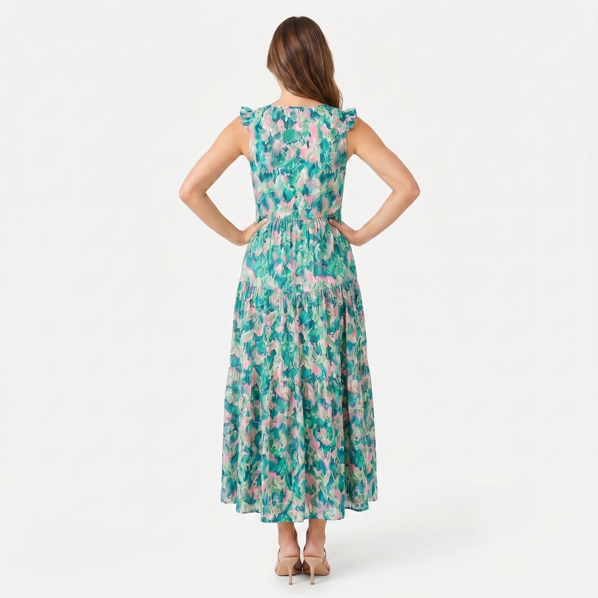 Women's Sleeveless Floral Print Tie Neck Boho Maxi Dress