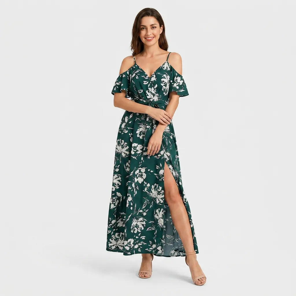 Women's Floral Off Shoulder Wrap Maxi Dress with Split
