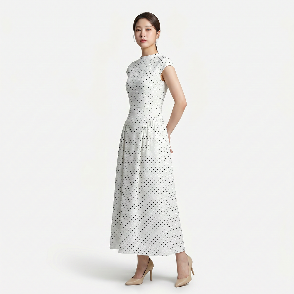 Women’s Polka Dot Maxi Dress with Round Neck and A Line Silhouette