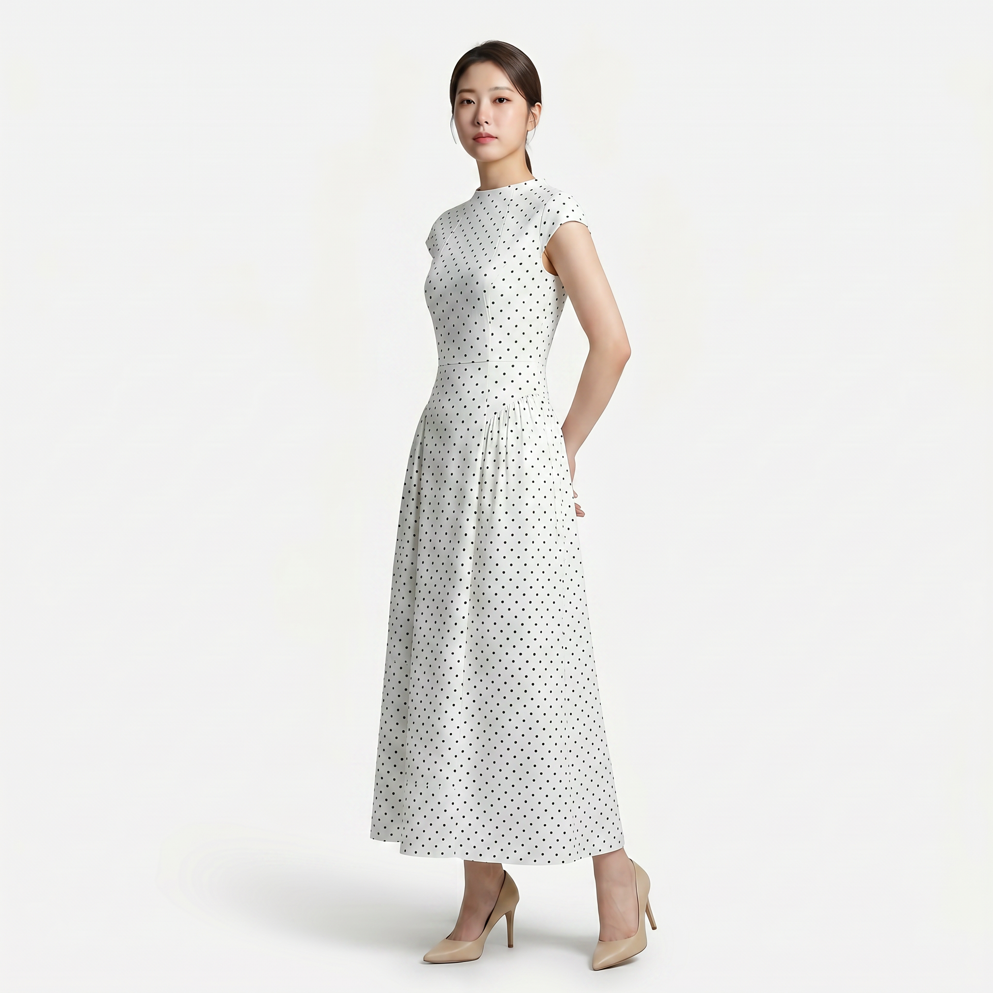 Women’s Polka Dot Maxi Dress with Round Neck and A Line Silhouette