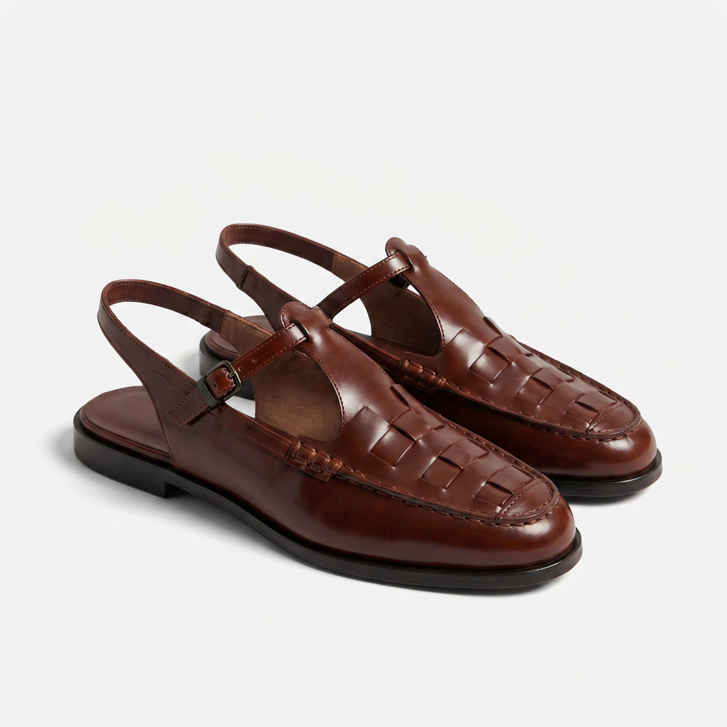 Women's Woven Leather Slingback Sandals - Flat Buckle T-Bar Loafer Sandals