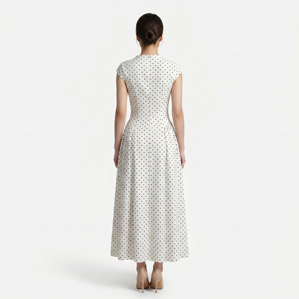 Women’s Polka Dot Maxi Dress with Round Neck and A Line Silhouette