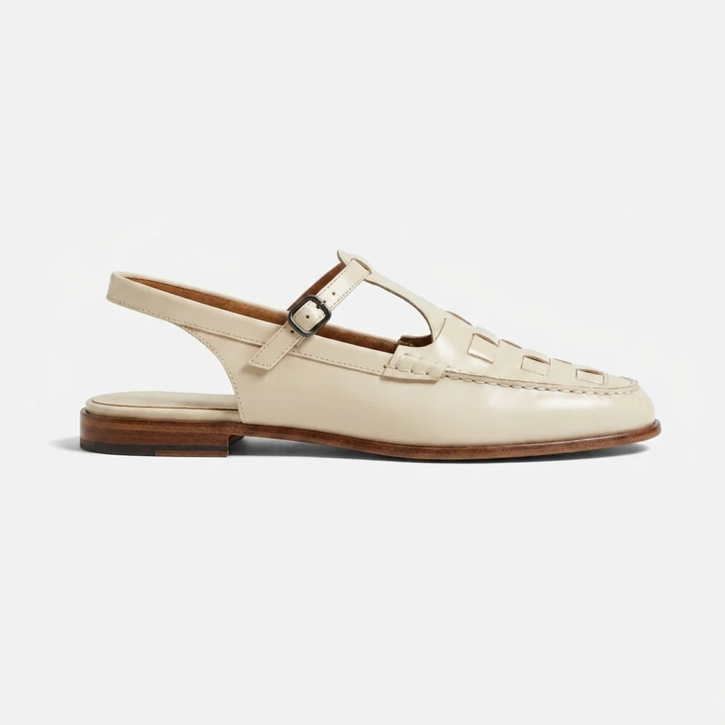 Women's Woven Leather Slingback Sandals - Flat Buckle T-Bar Loafer Sandals