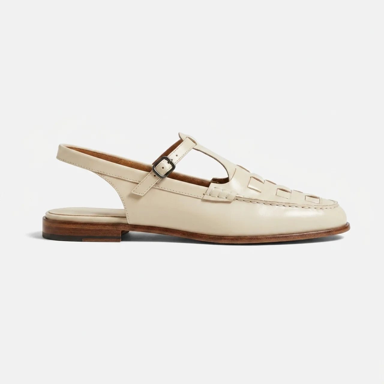 Women's Woven Leather Slingback Sandals - Flat Buckle T-Bar Loafer Sandals