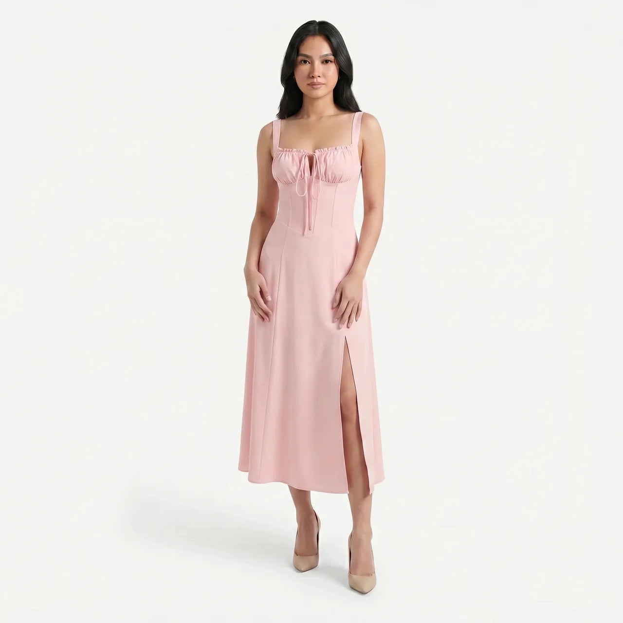Women's Corset Tie Front Midi Dress with Split
