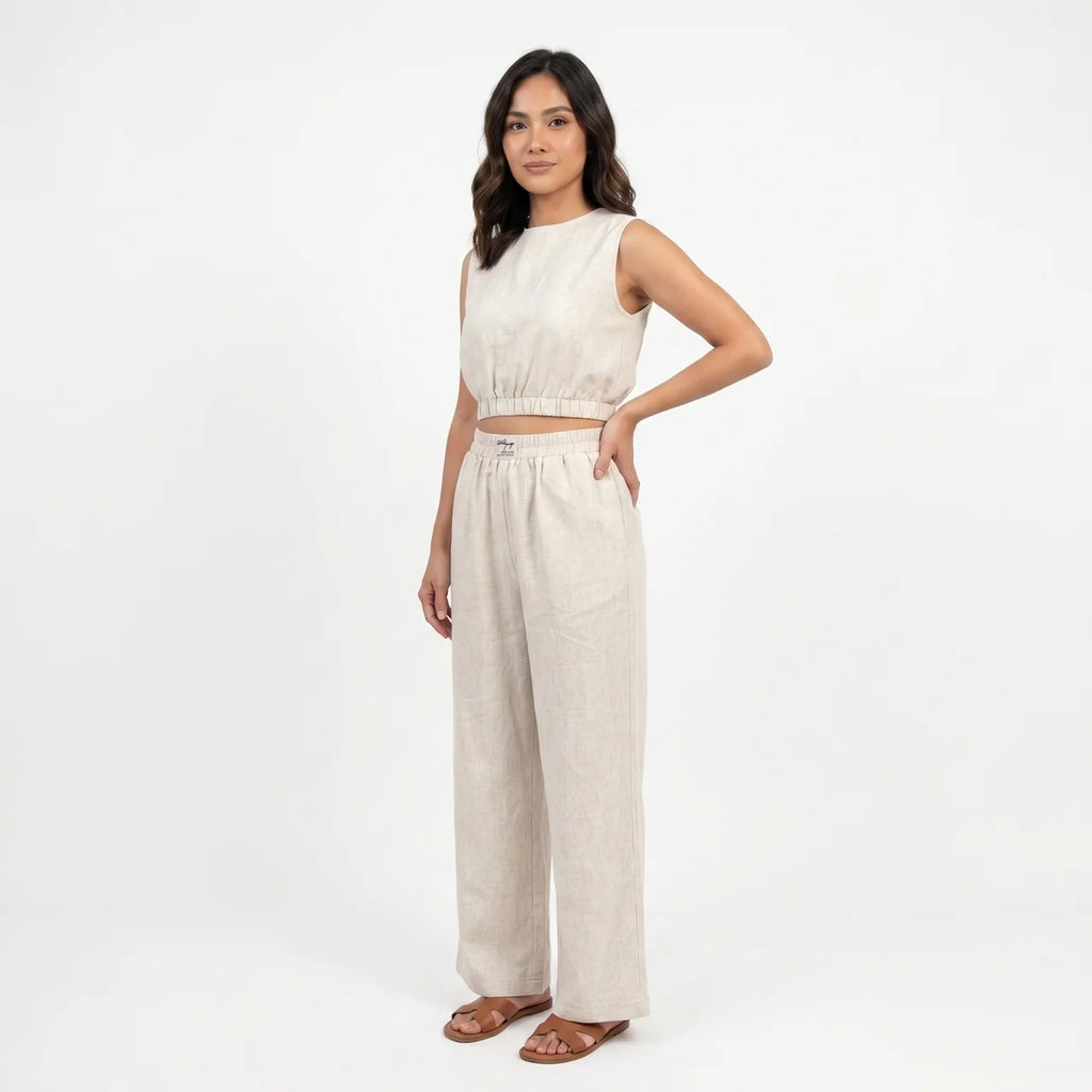 Women's Linen Sleeveless Top and Wide Leg Trousers Two Piece Set